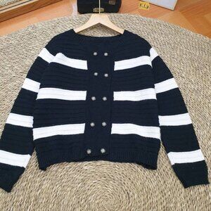 Navy White Stripe Double-Breasted Knit Cardigan